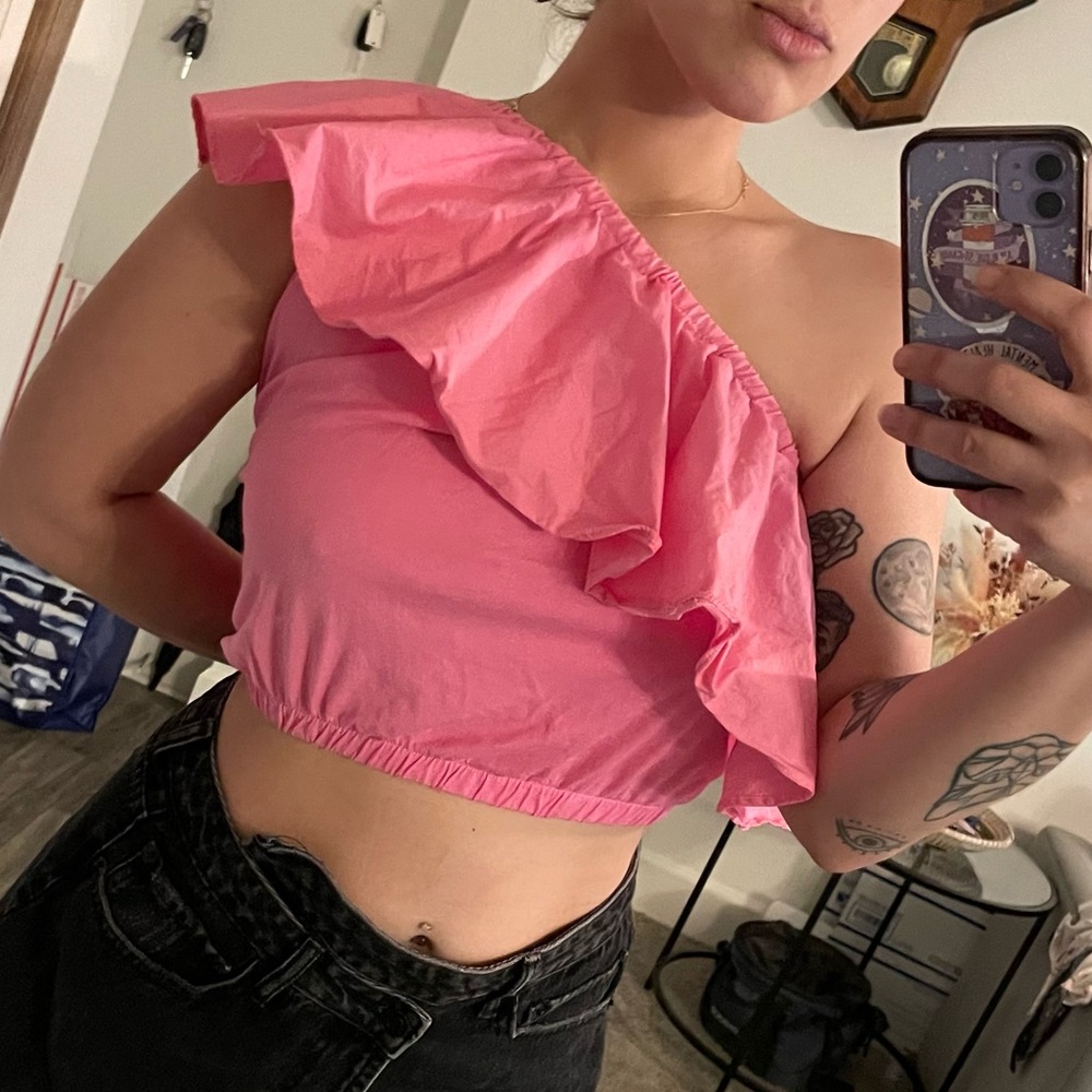 Pink Asymmetrical Ruffled Crop Tank